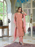 Noe Velarro Peach Floral Print Muslin Embroidred Kurta Trouser with Dupatta
