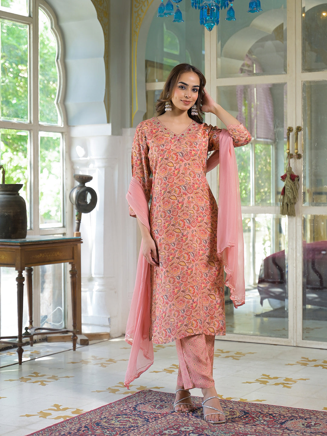 Noe Velarro Peach Floral Print Muslin Embroidred Kurta Trouser with Dupatta