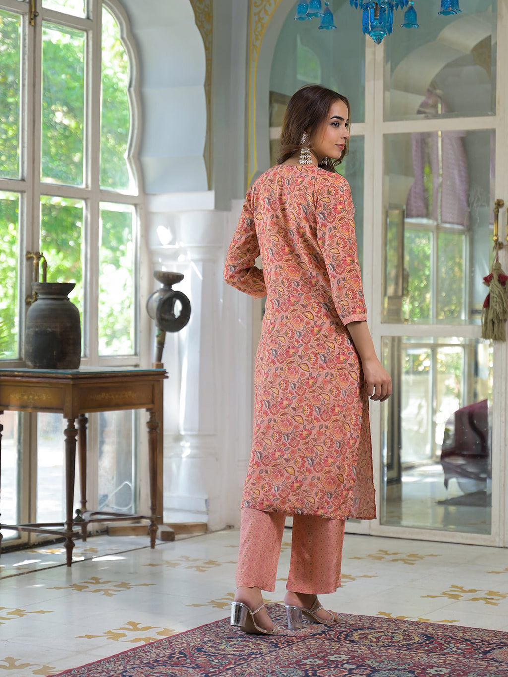 Noe Velarro Peach Floral Print Muslin Embroidred Kurta Trouser with Dupatta