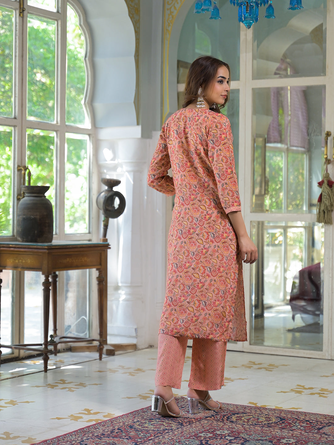 Noe Velarro Peach Floral Print Muslin Embroidred Kurta Trouser with Dupatta