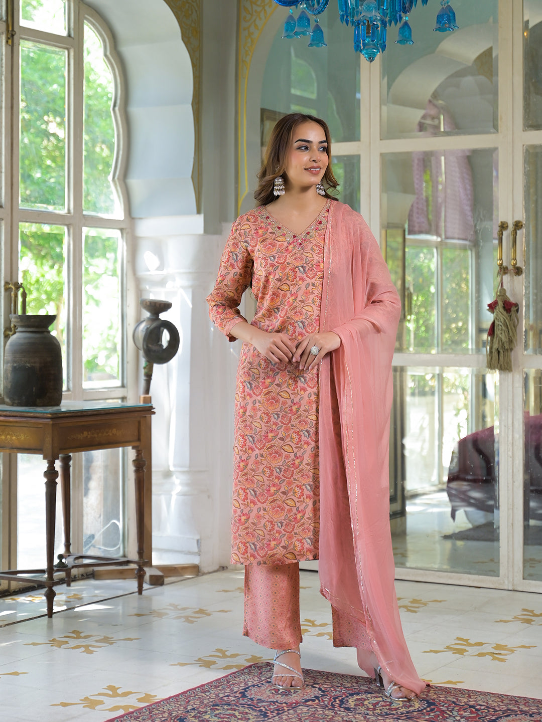 Noe Velarro Peach Floral Print Muslin Embroidred Kurta Trouser with Dupatta