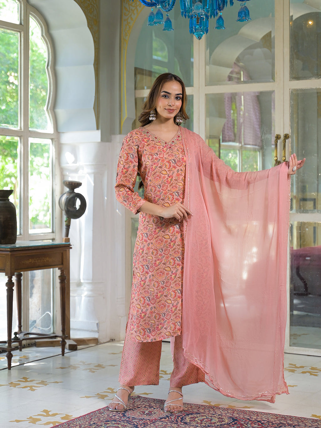 Noe Velarro Peach Floral Print Muslin Embroidred Kurta Trouser with Dupatta