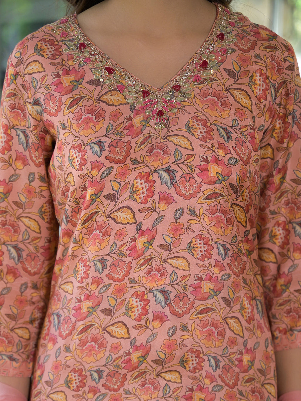 Noe Velarro Peach Floral Print Muslin Embroidred Kurta Trouser with Dupatta