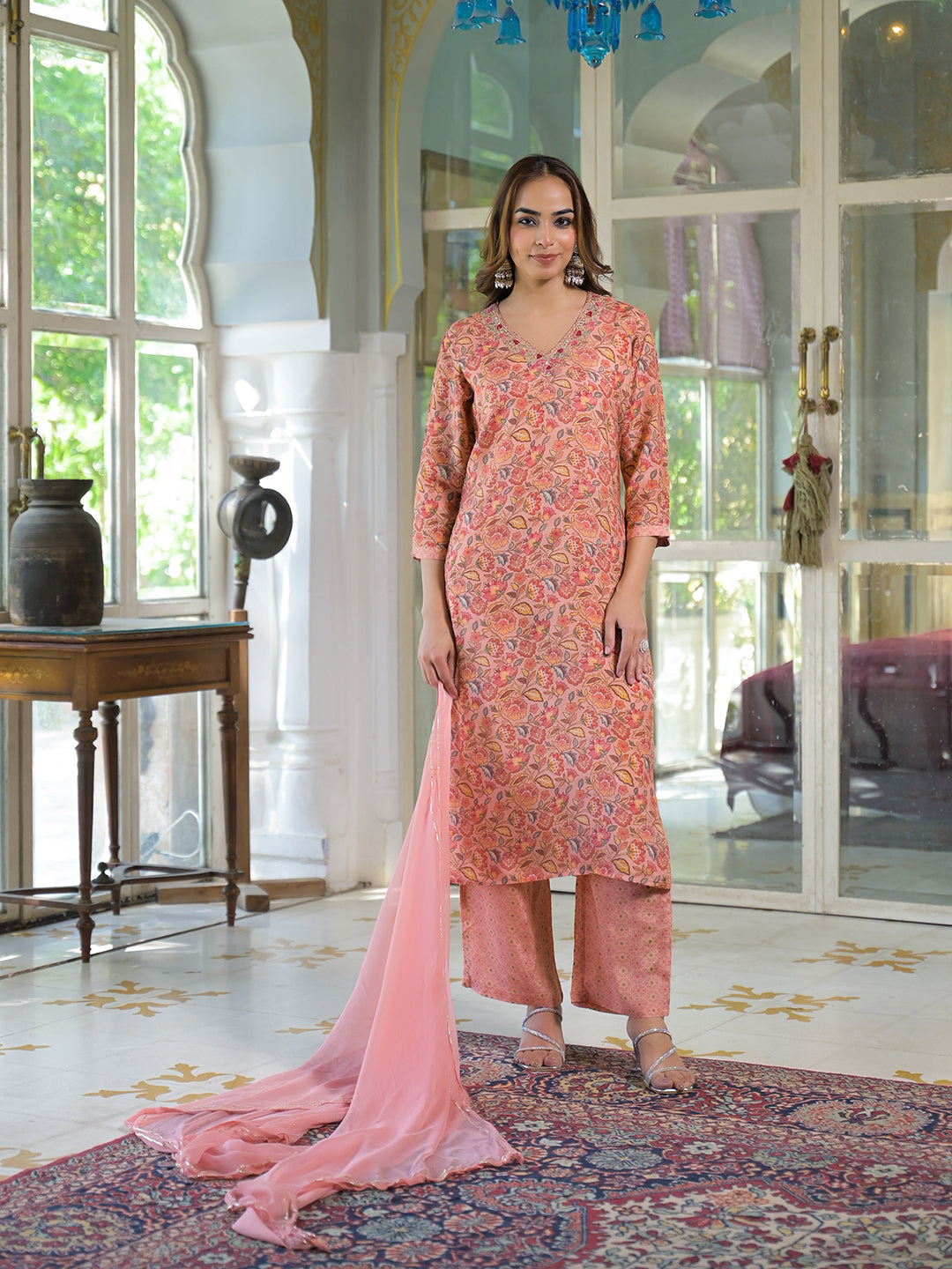 Noe Velarro Peach Floral Print Muslin Embroidred Kurta Trouser with Dupatta