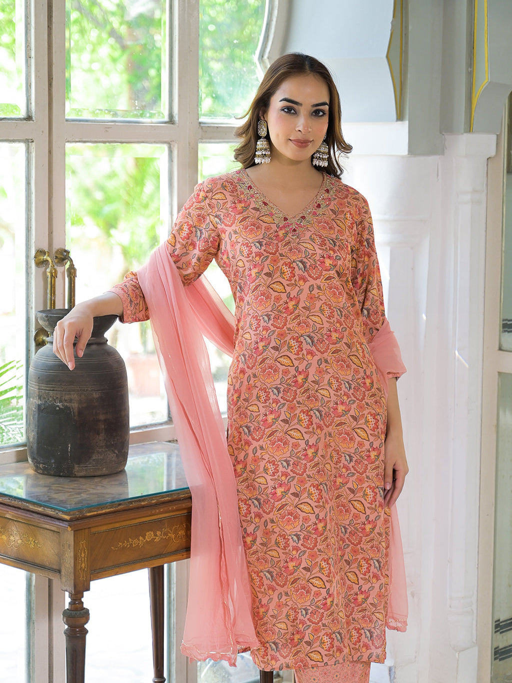 Noe Velarro Peach Floral Print Muslin Embroidred Kurta Trouser with Dupatta