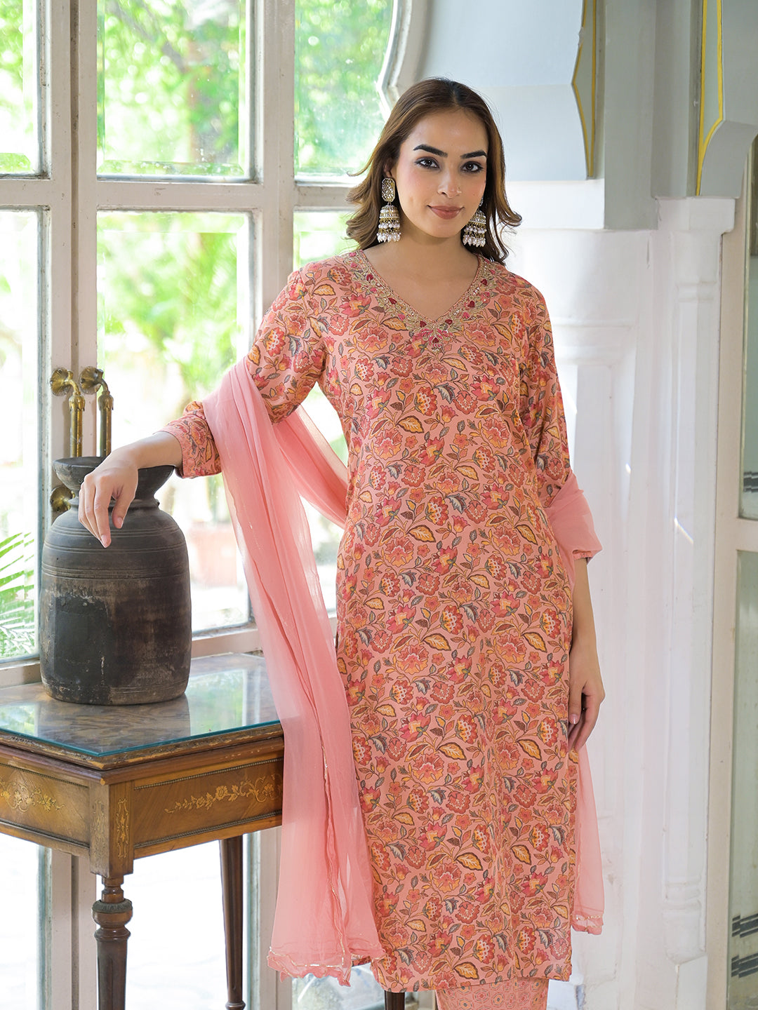 Noe Velarro Peach Floral Print Muslin Embroidred Kurta Trouser with Dupatta