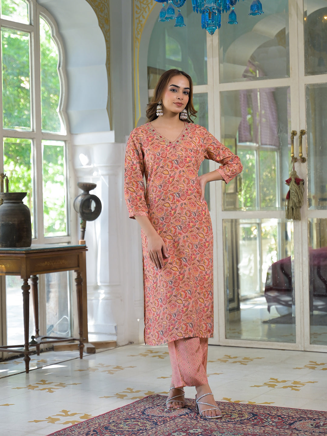 Noe Velarro Peach Floral Print Muslin Embroidred Kurta Trouser with Dupatta