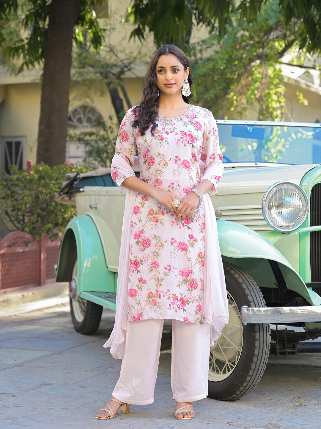 Noe Velarro Light Pink Floral Printed Muslin Straight Kurta Pant with Dupatta