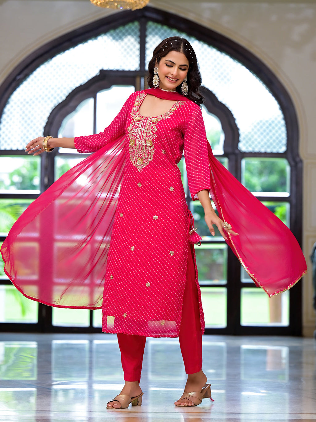 Noe Velarro Pink Leheriya Print Georgette Fabric Straight Kurta & Trouser with Dupatta