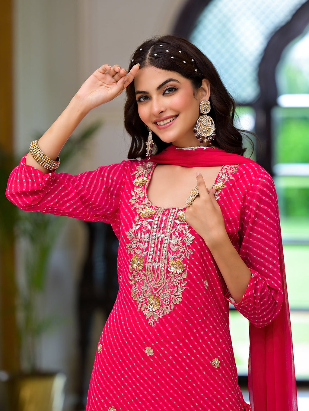 Noe Velarro Pink Leheriya Print Georgette Fabric Straight Kurta & Trouser with Dupatta