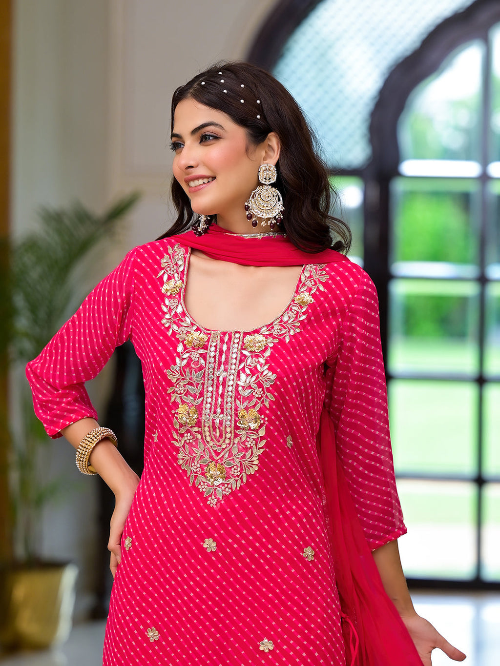 Noe Velarro Pink Leheriya Print Georgette Fabric Straight Kurta & Trouser with Dupatta