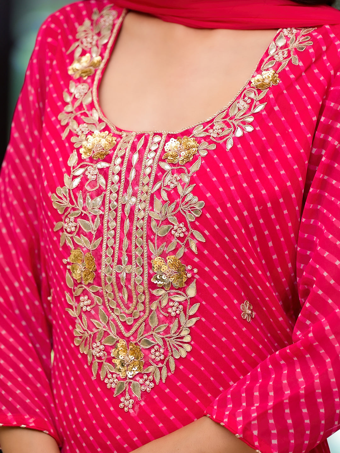 Noe Velarro Pink Leheriya Print Georgette Fabric Straight Kurta & Trouser with Dupatta