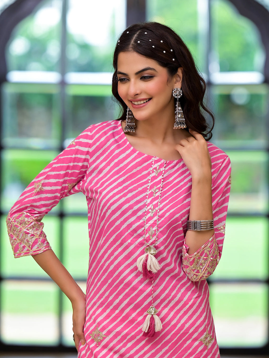 Noe Velarro Pink Leheriya Print Embroidered Pure Cotton Straight Kurta