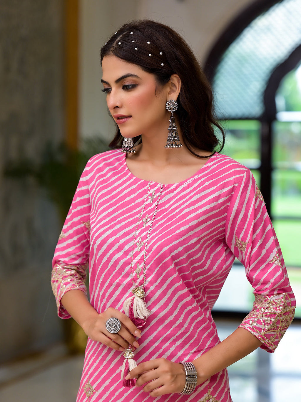 Noe Velarro Pink Leheriya Print Embroidered Pure Cotton Straight Kurta