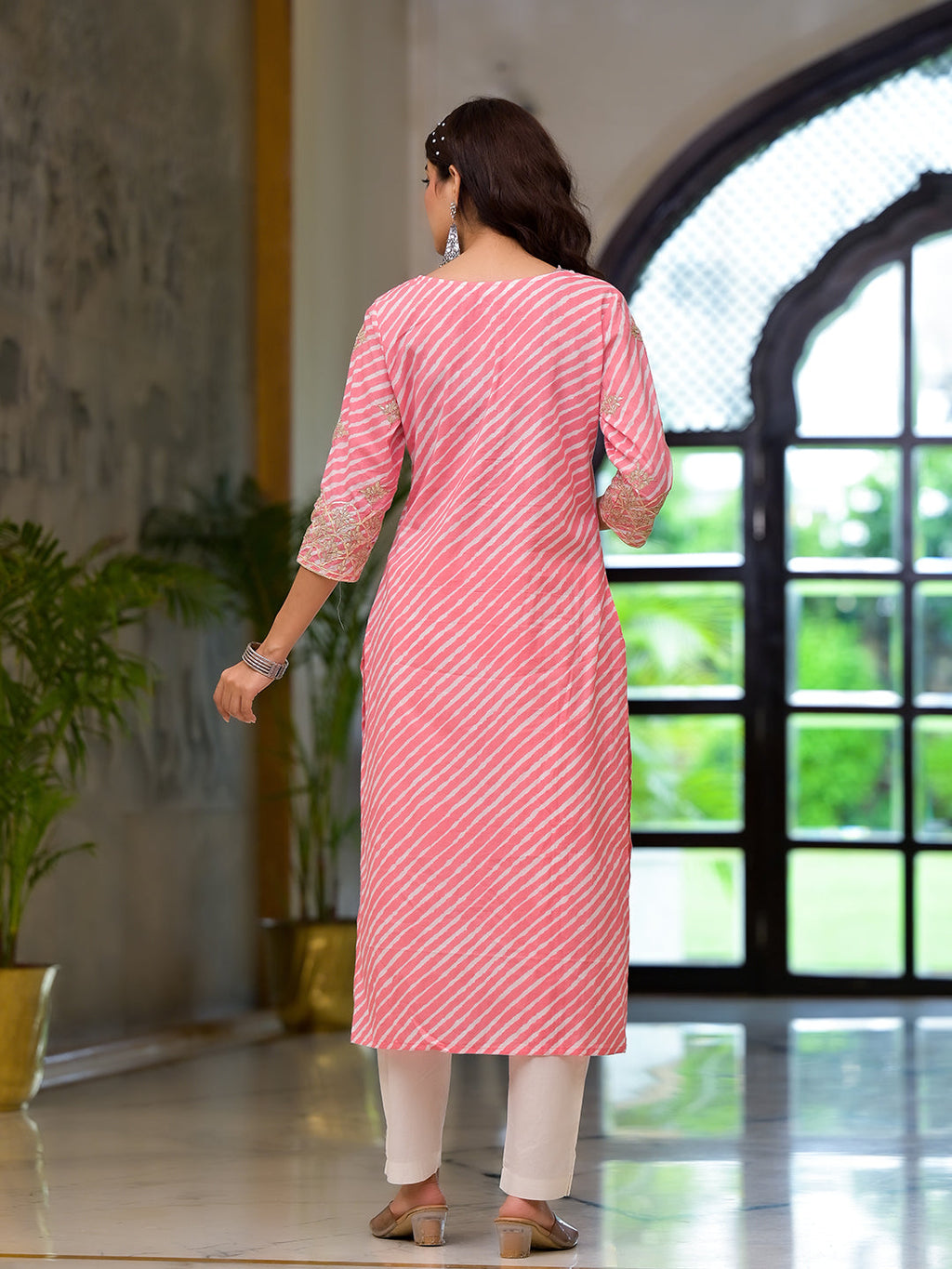 Noe Velarro Peach Leheriya Print Embroidered Pure Cotton Straight Kurta
