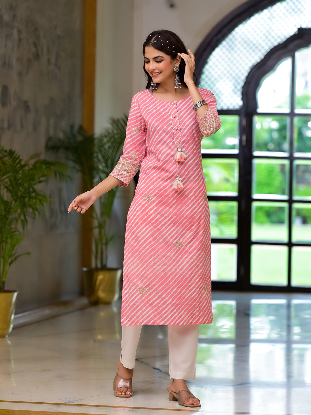 Noe Velarro Peach Leheriya Print Embroidered Pure Cotton Straight Kurta