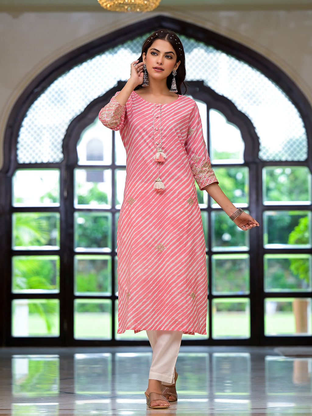 Noe Velarro Peach Leheriya Print Embroidered Pure Cotton Straight Kurta
