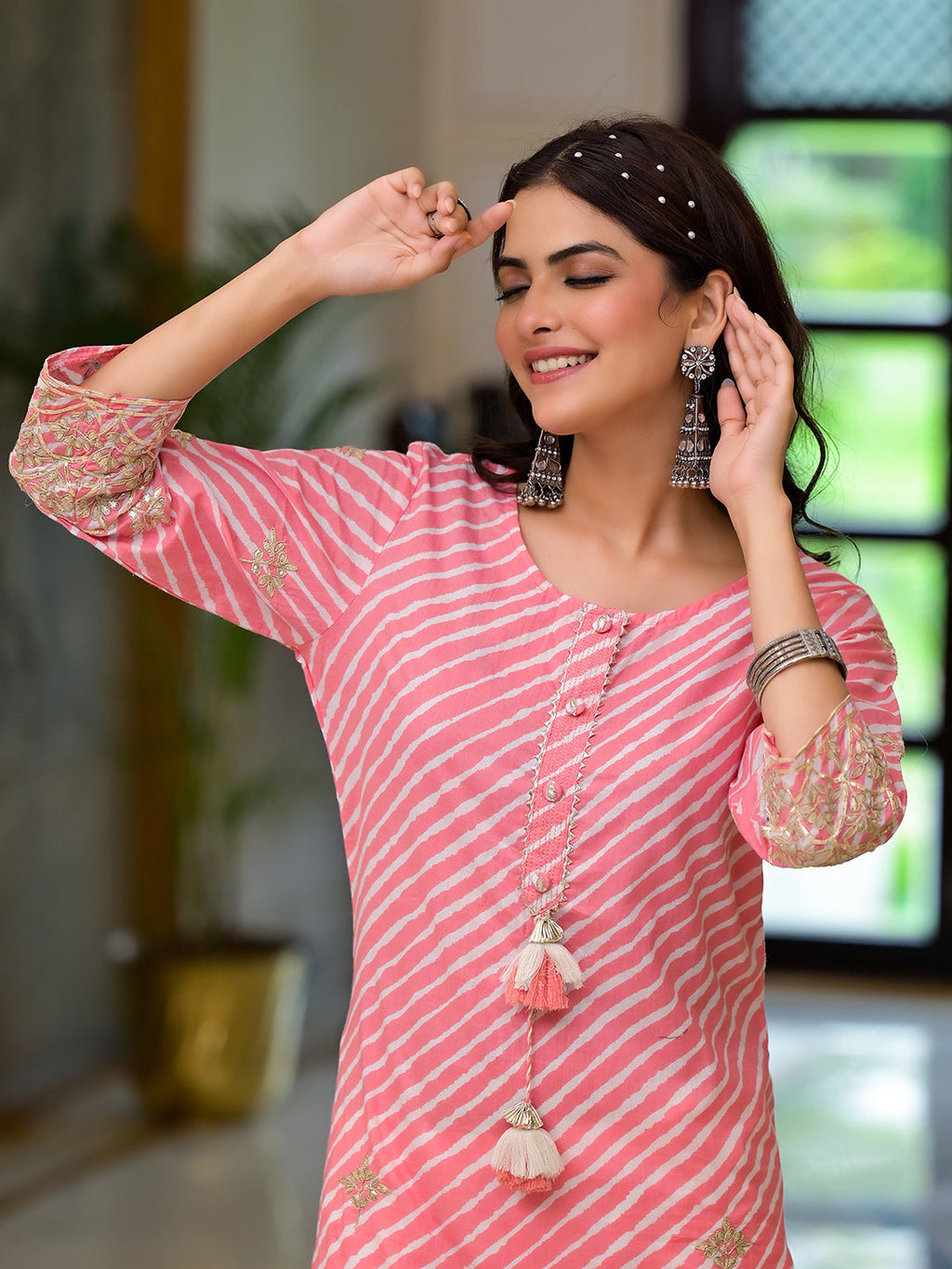 Noe Velarro Peach Leheriya Print Embroidered Pure Cotton Straight Kurta