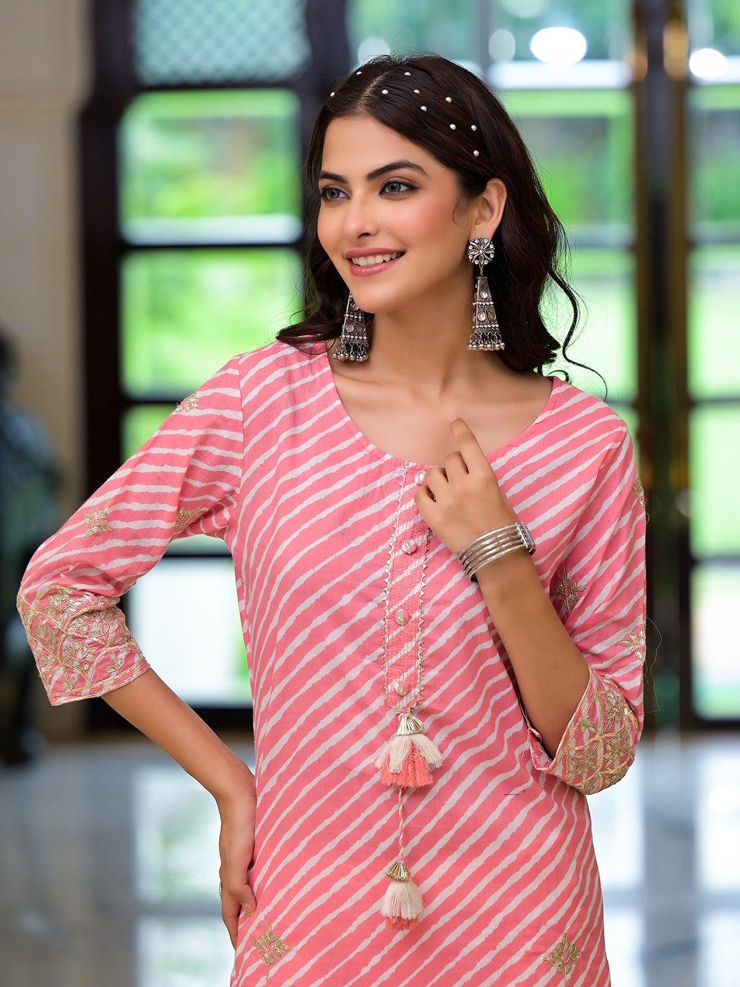 Noe Velarro Peach Leheriya Print Embroidered Pure Cotton Straight Kurta
