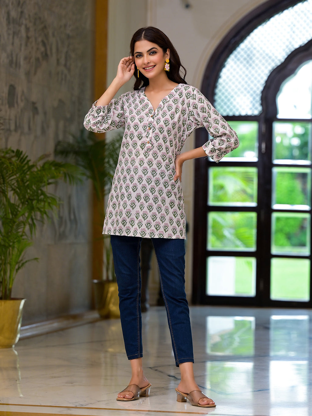 Noe Velarro White Floral Print Pure Cotton A-line Top