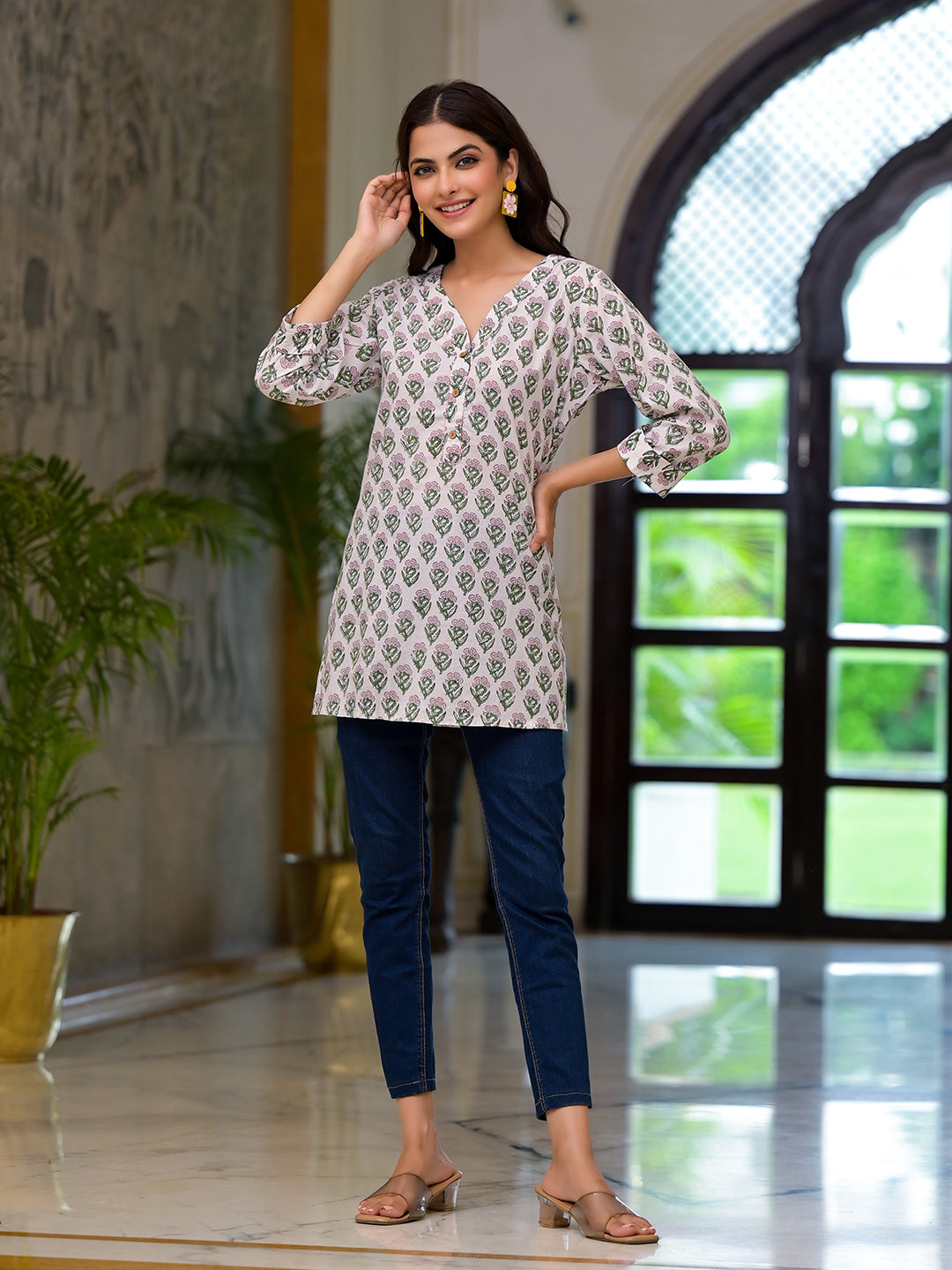 Noe Velarro White Floral Print Pure Cotton A-line Top