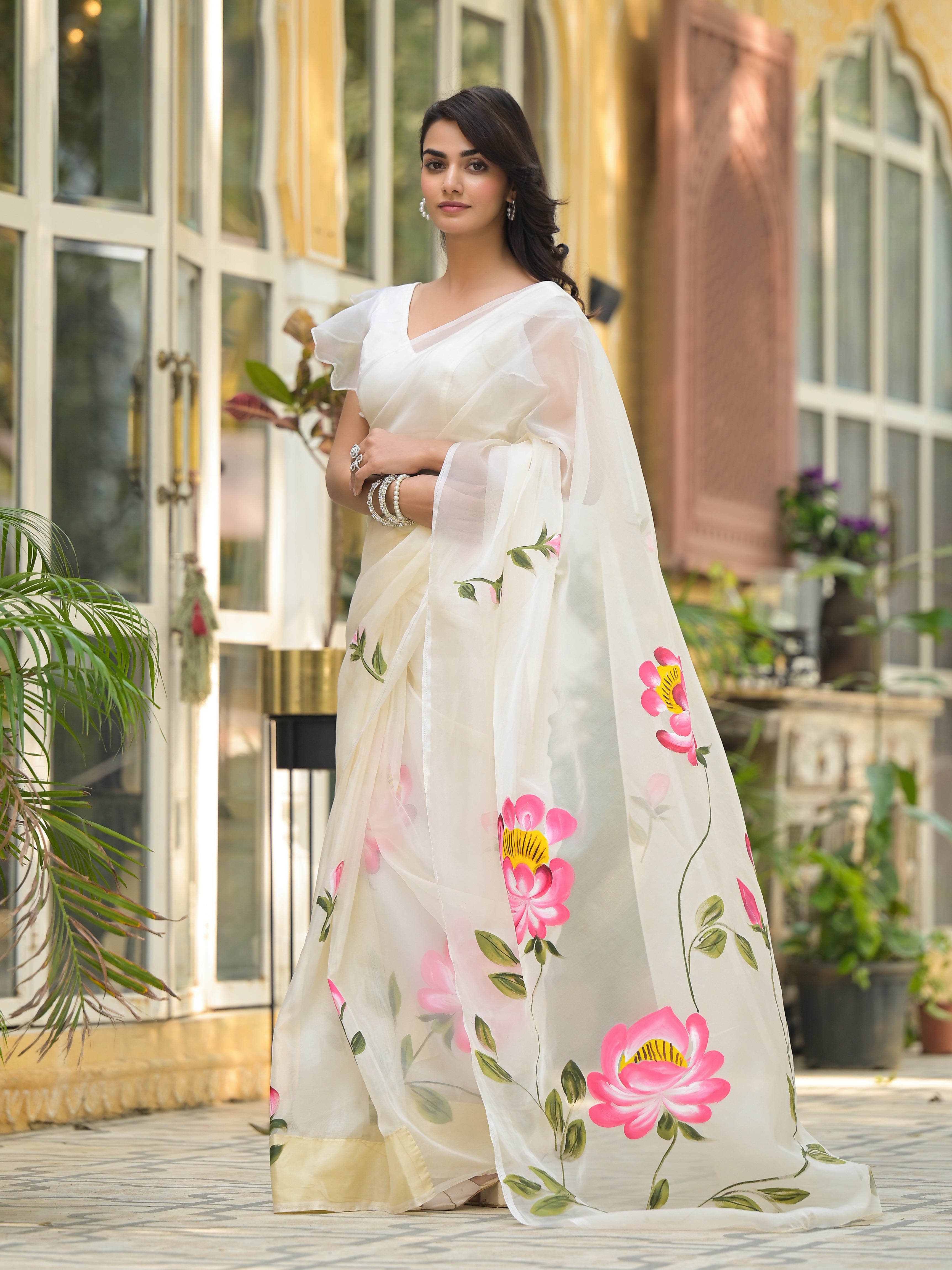 Noe Velarro Cream Hand-painted Organza Saree