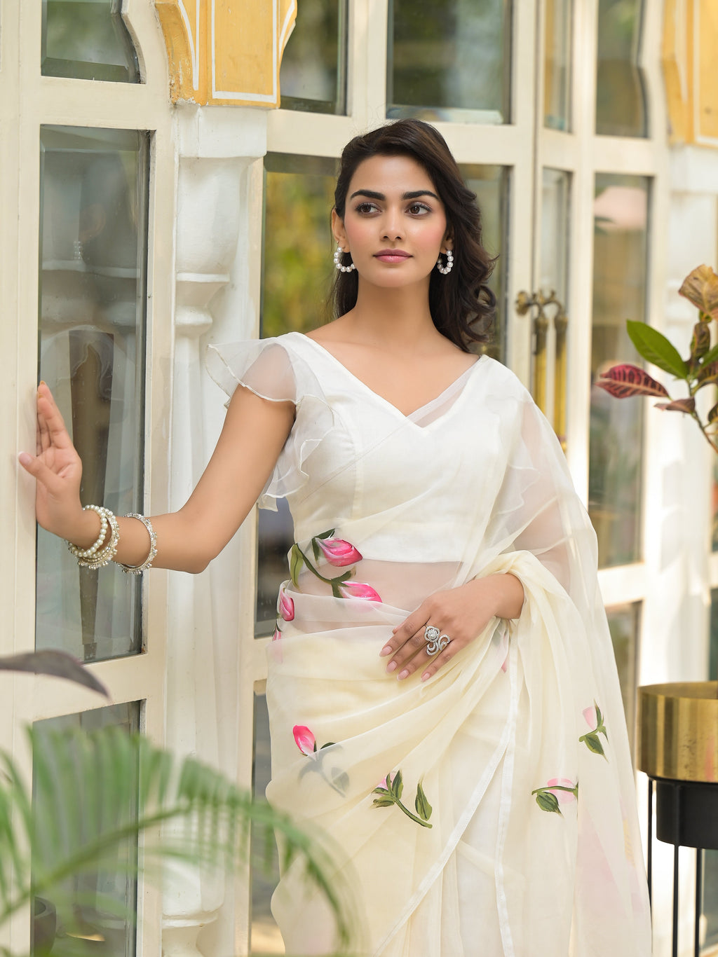 Noe Velarro Cream Hand-painted Organza Saree