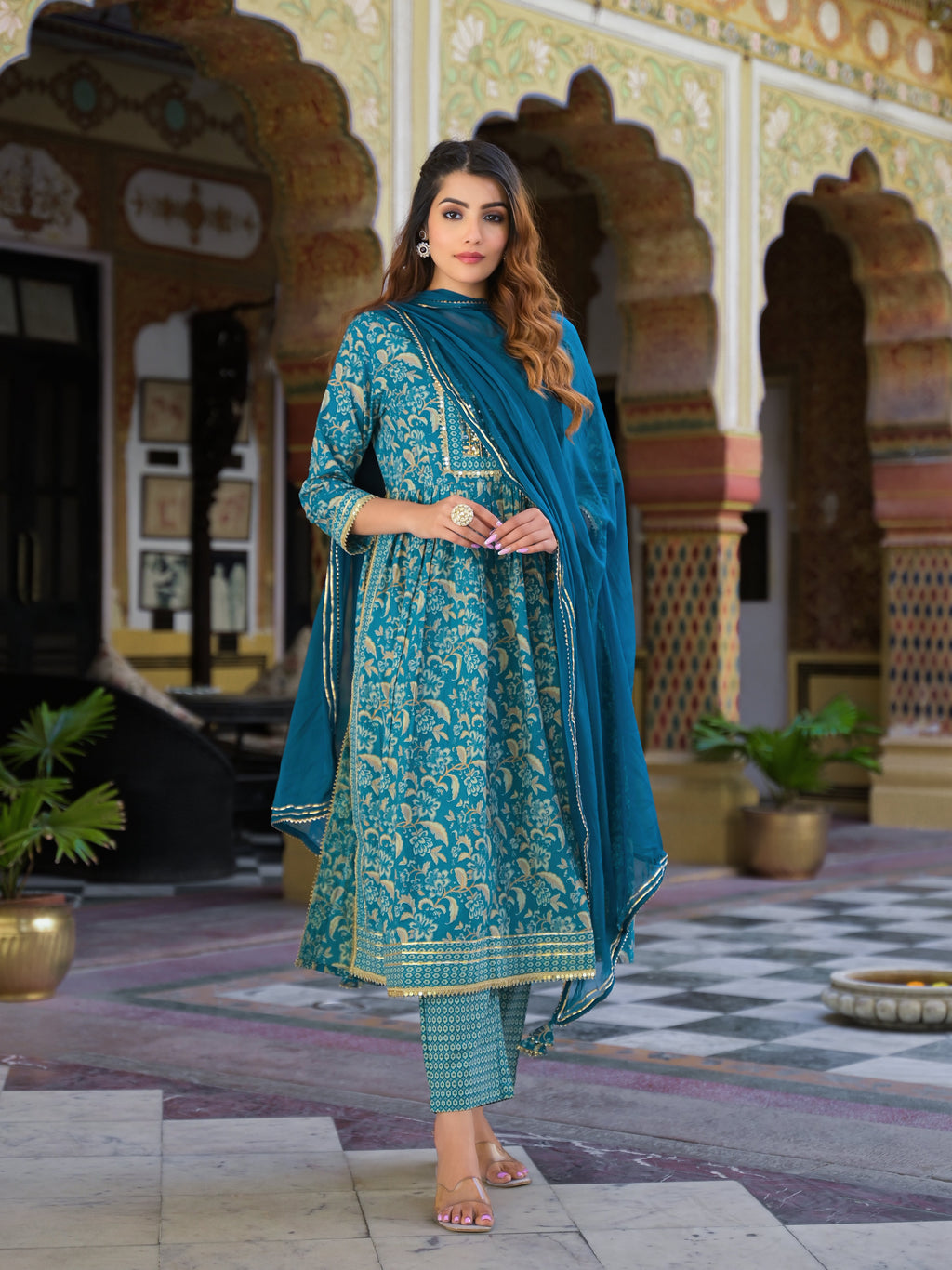 Noe Velarro Teal Green Floral Print Cotton Nyra Cut Kurta pants with Dupatta set
