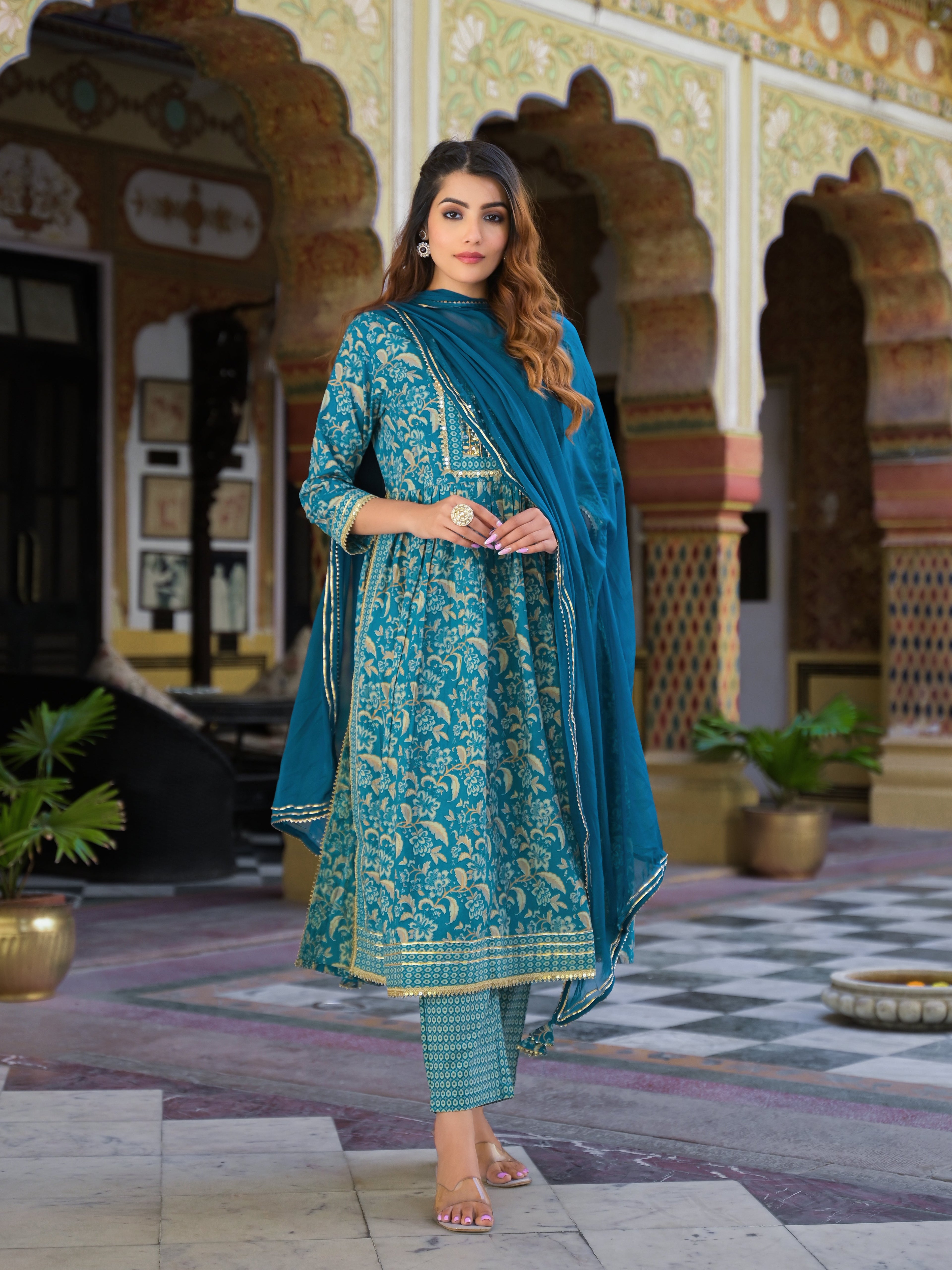 Noe Velarro Teal Green Floral Print Cotton Nyra Cut Kurta pants with Dupatta set