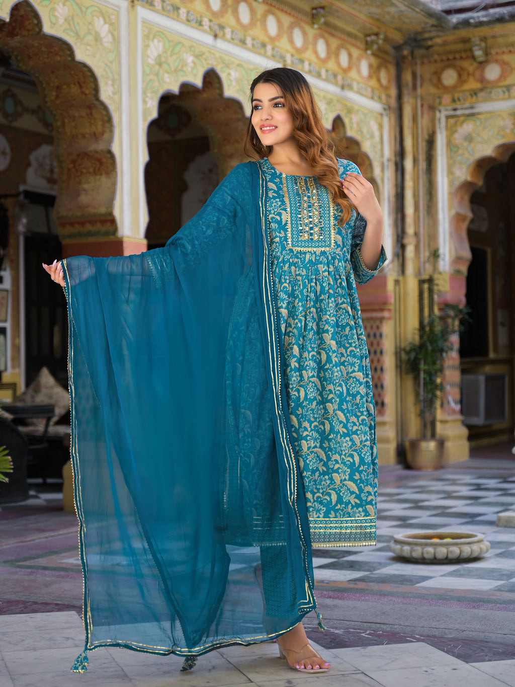 Noe Velarro Teal Green Floral Print Cotton Nyra Cut Kurta pants with Dupatta set
