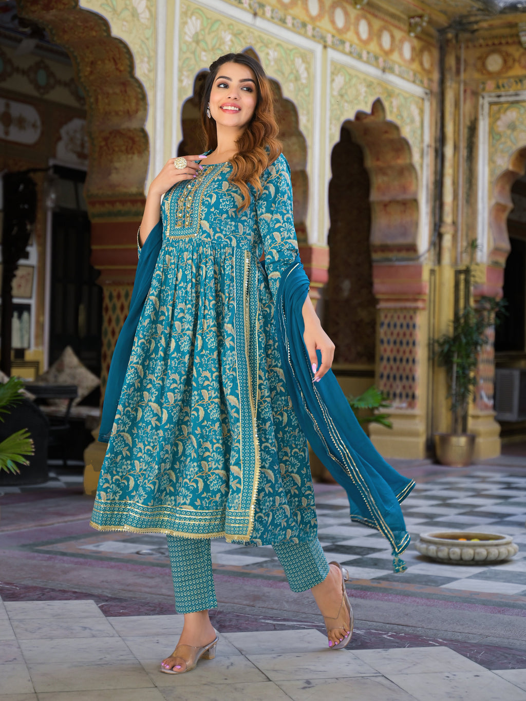 Noe Velarro Teal Green Floral Print Cotton Nyra Cut Kurta pants with Dupatta set