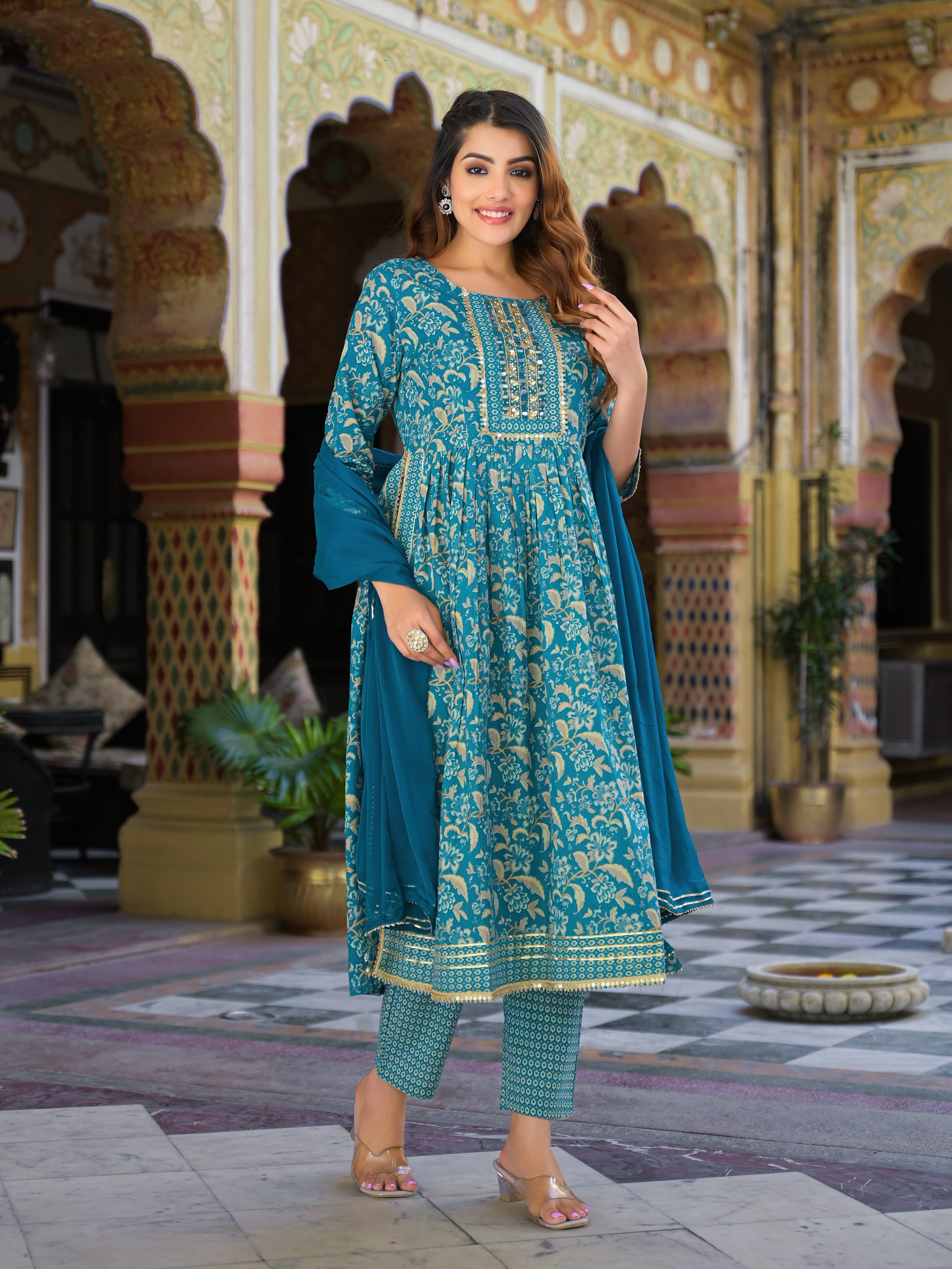 Noe Velarro Teal Green Floral Print Cotton Nyra Cut Kurta pants with Dupatta set