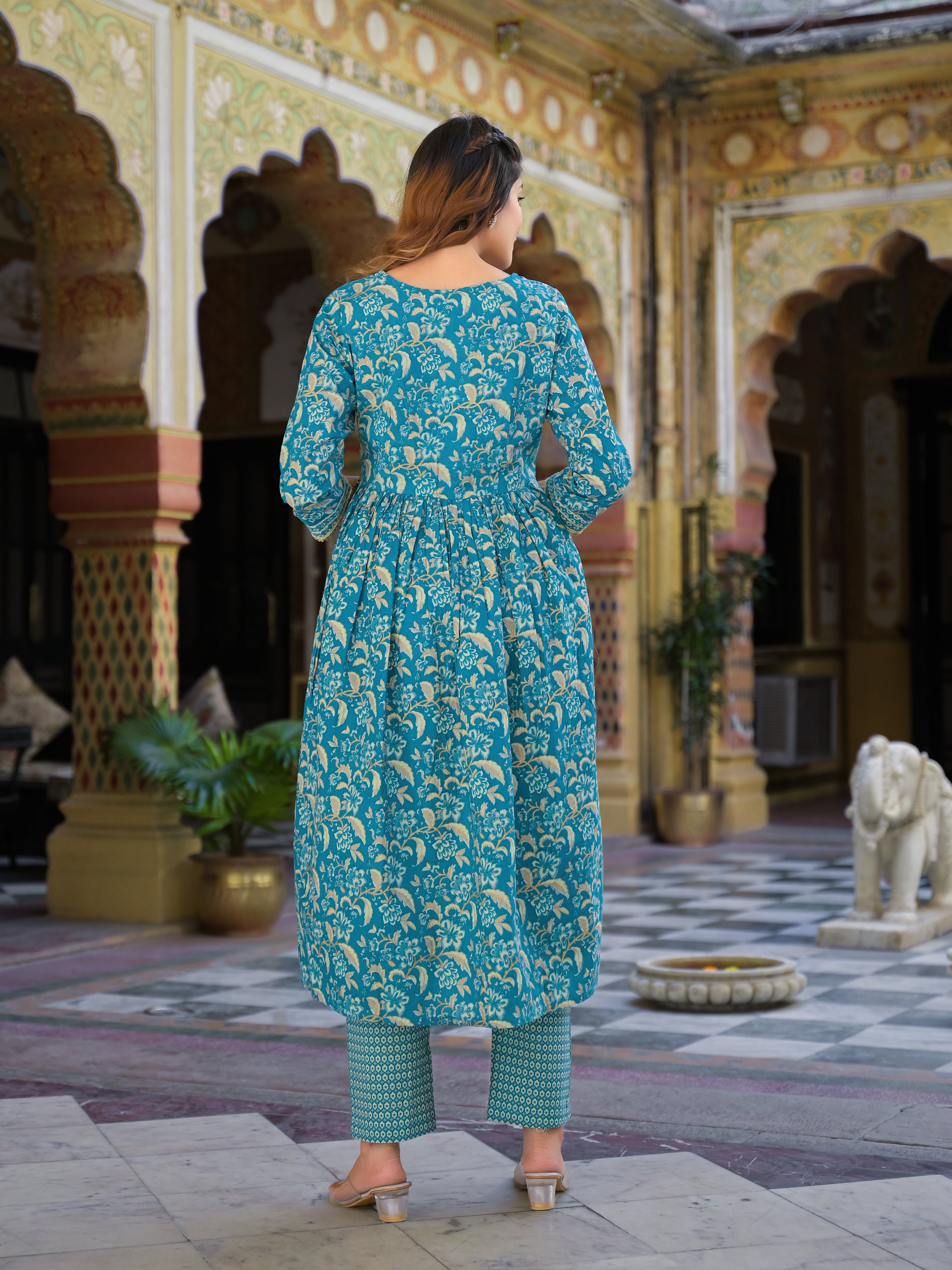 Noe Velarro Teal Green Floral Print Cotton Nyra Cut Kurta pants with Dupatta set