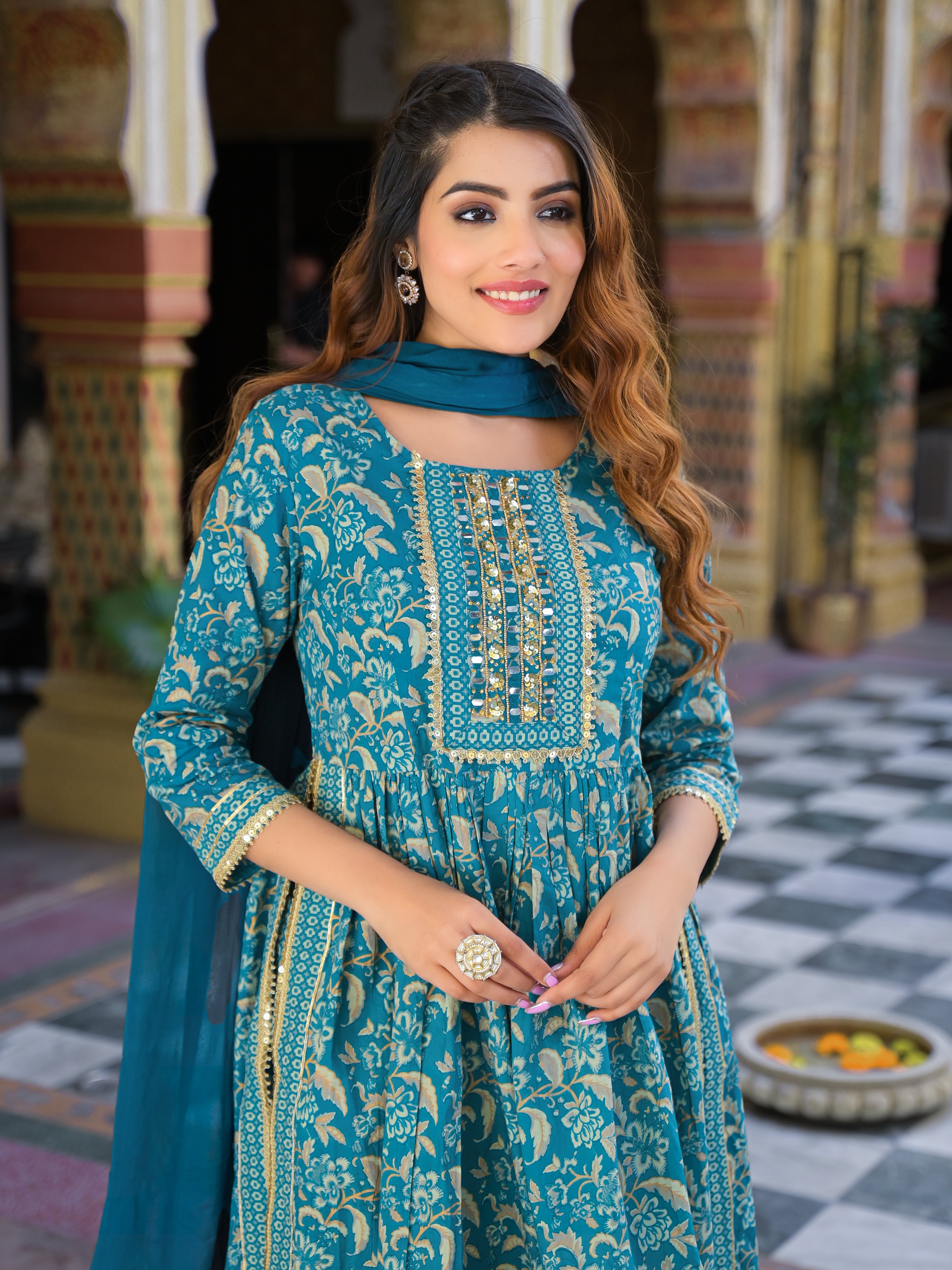 Noe Velarro Teal Green Floral Print Cotton Nyra Cut Kurta pants with Dupatta set