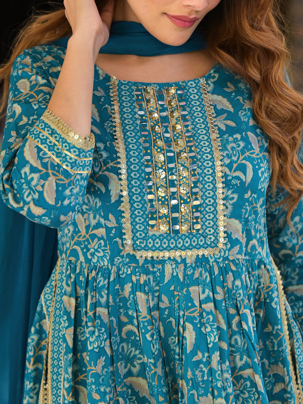 Noe Velarro Teal Green Floral Print Cotton Nyra Cut Kurta pants with Dupatta set