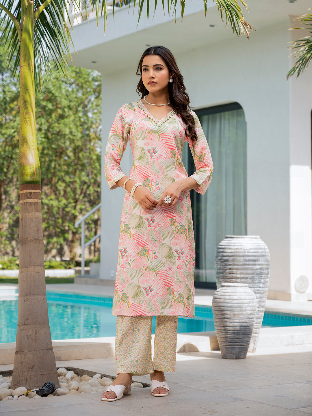 Noe Velarro Cream Embroidered & Floral Print Muslin Kurta Set