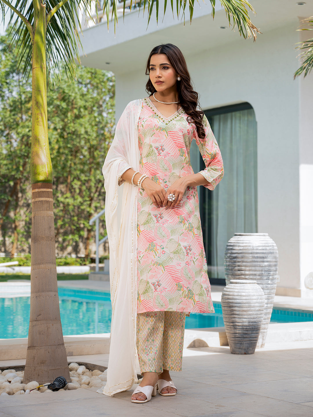 Noe Velarro Cream Embroidered & Floral Print Muslin Kurta Set