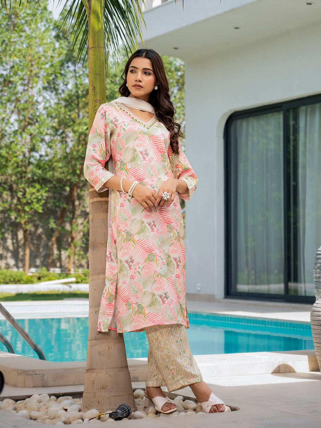 Noe Velarro Cream Embroidered & Floral Print Muslin Kurta Set