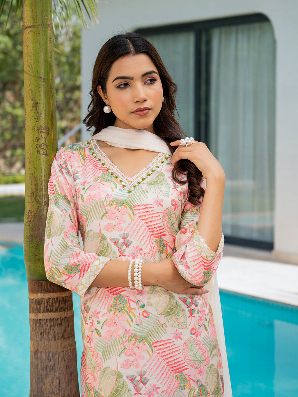 Noe Velarro Cream Embroidered & Floral Print Muslin Kurta Set