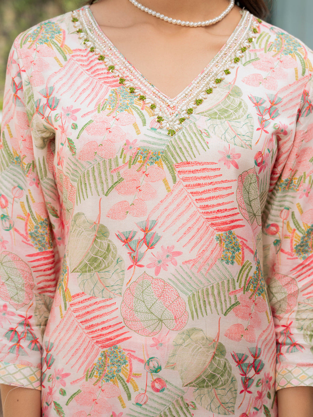 Noe Velarro Cream Embroidered & Floral Print Muslin Kurta Set