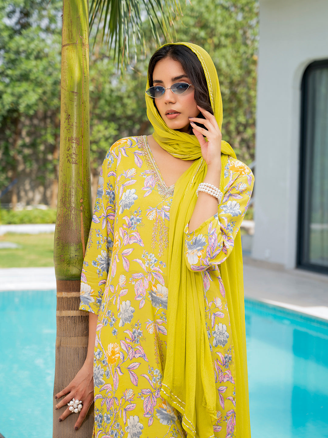 Noe Velarro Yellow Embroidered Floral Print Muslin Kurta Set