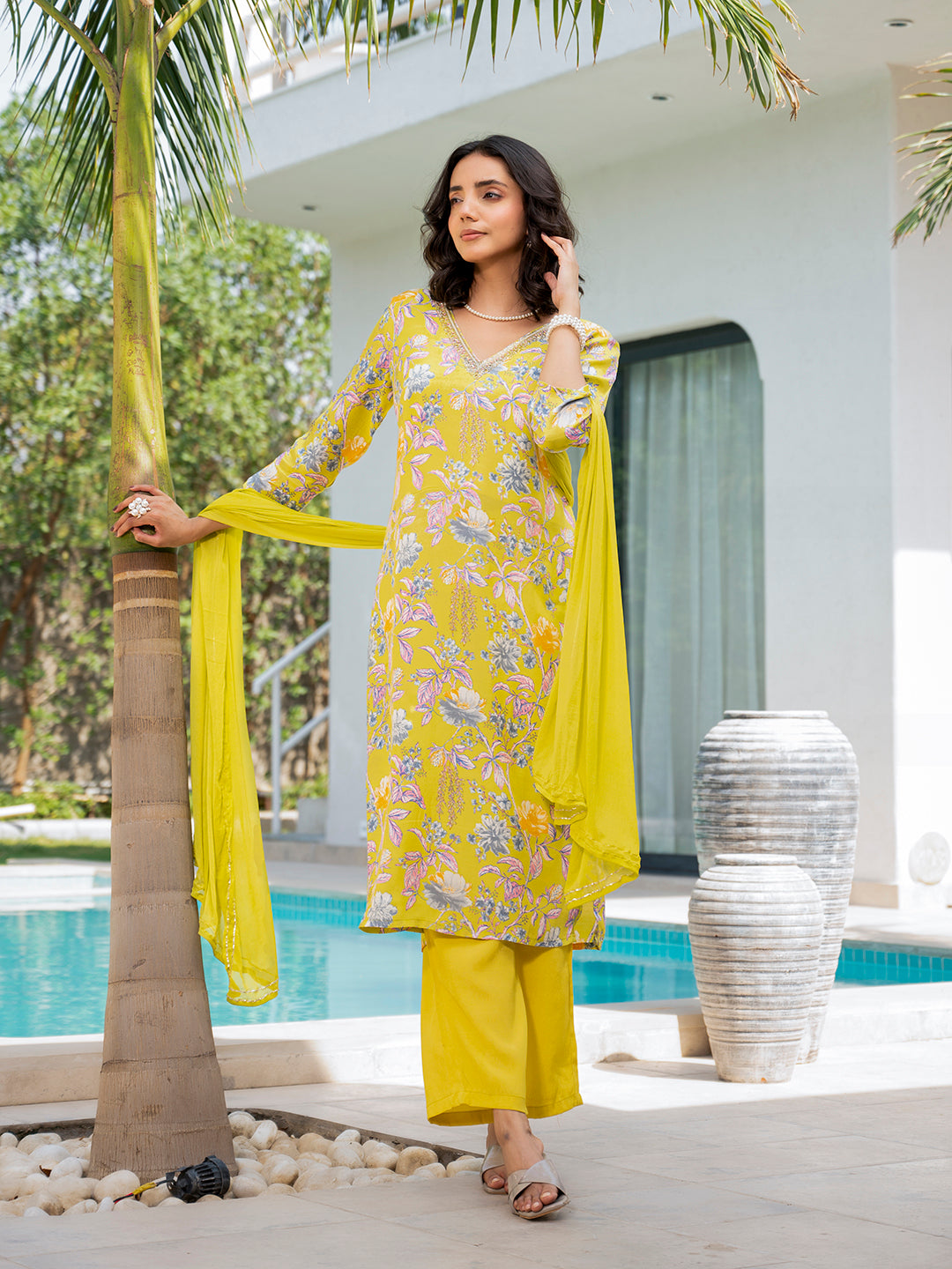 Noe Velarro Yellow Embroidered Floral Print Muslin Kurta Set