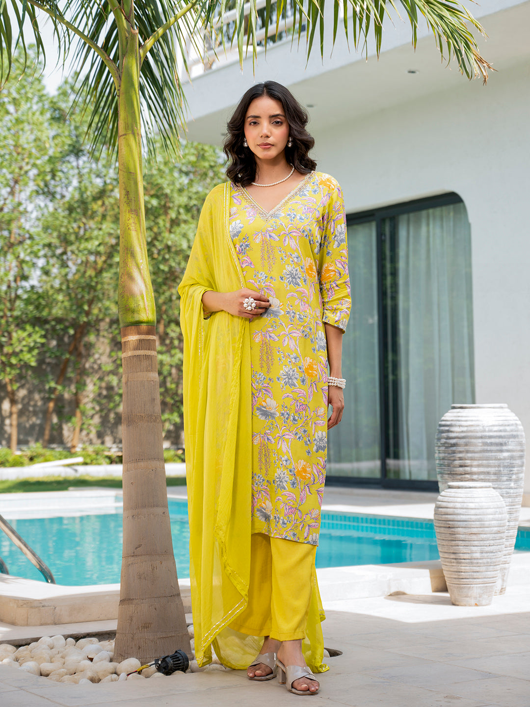 Noe Velarro Yellow Embroidered Floral Print Muslin Kurta Set