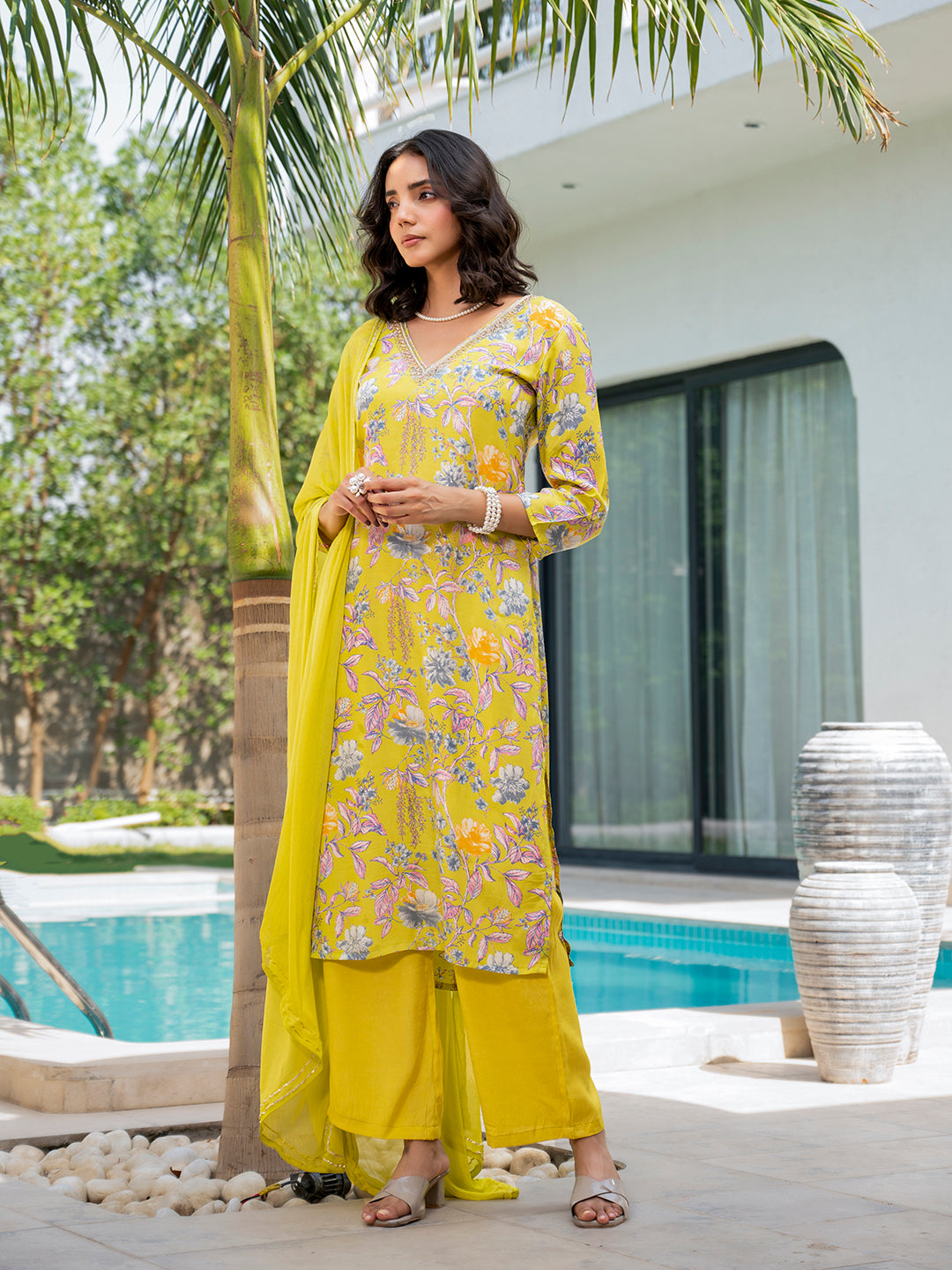 Noe Velarro Yellow Embroidered Floral Print Muslin Kurta Set