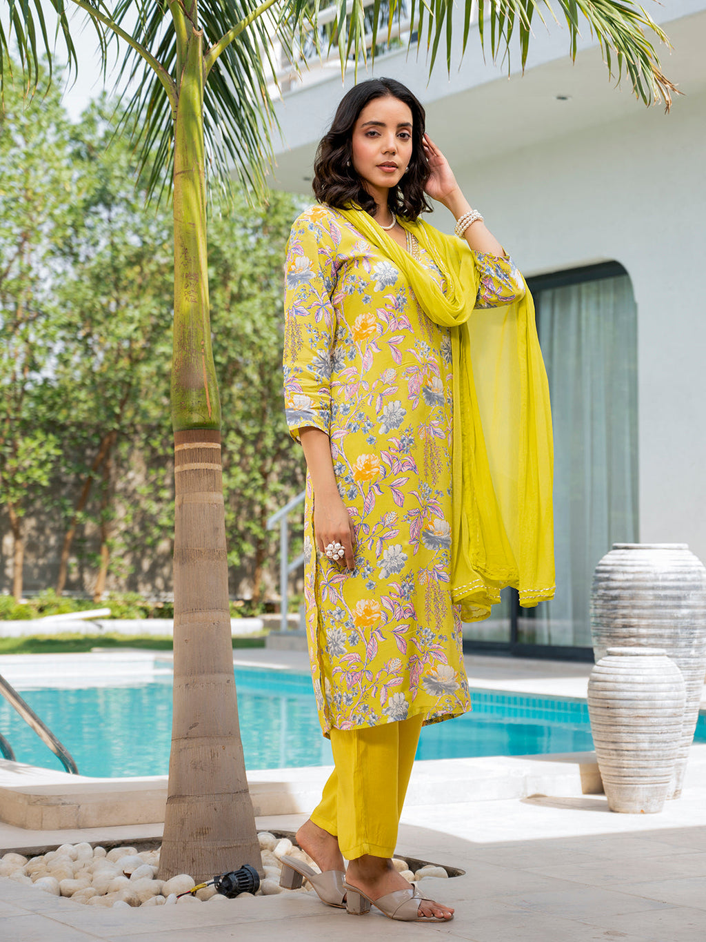 Noe Velarro Yellow Embroidered Floral Print Muslin Kurta Set