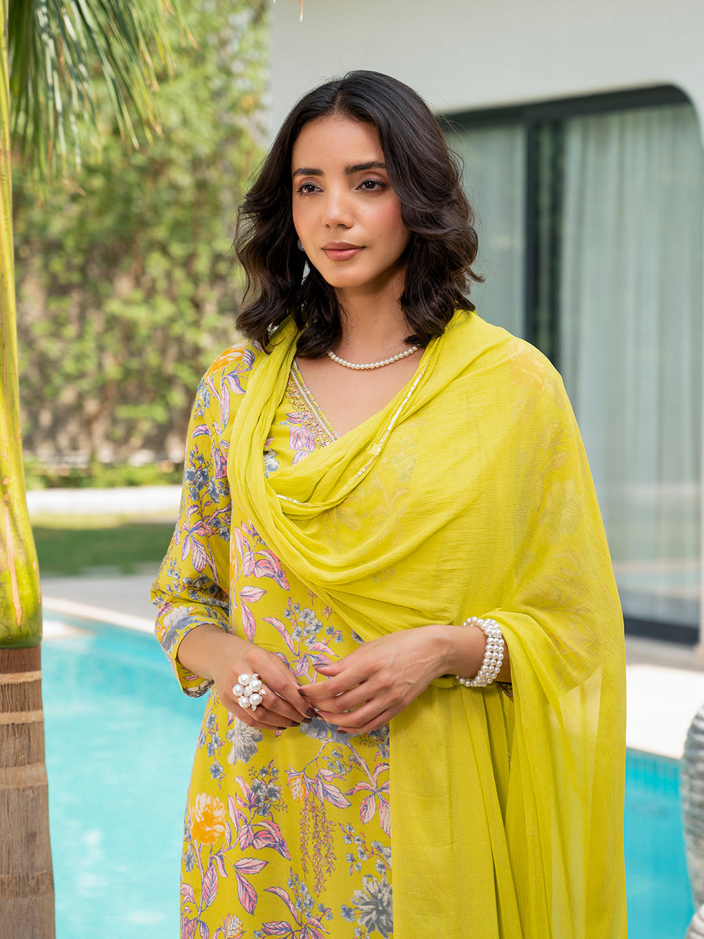 Noe Velarro Yellow Embroidered Floral Print Muslin Kurta Set