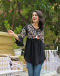 Noe Velarro Black Embroidary Rayon Curved Hemline Top