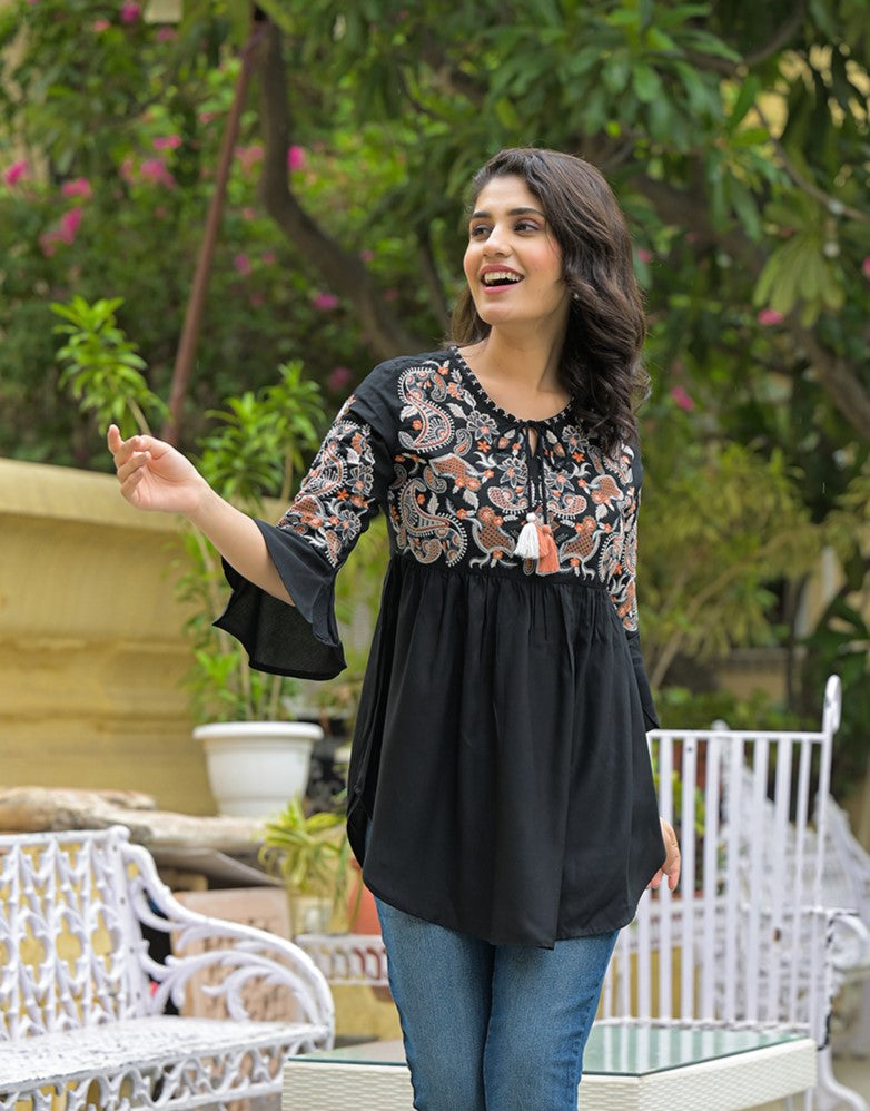 Noe Velarro Black Embroidary Rayon Curved Hemline Top