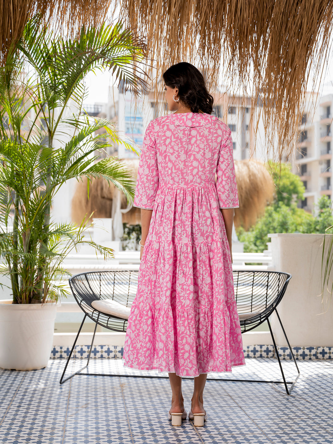 Noe Velarro Pink Floral Printed Collar Neck Calf length Cotton dress for Women