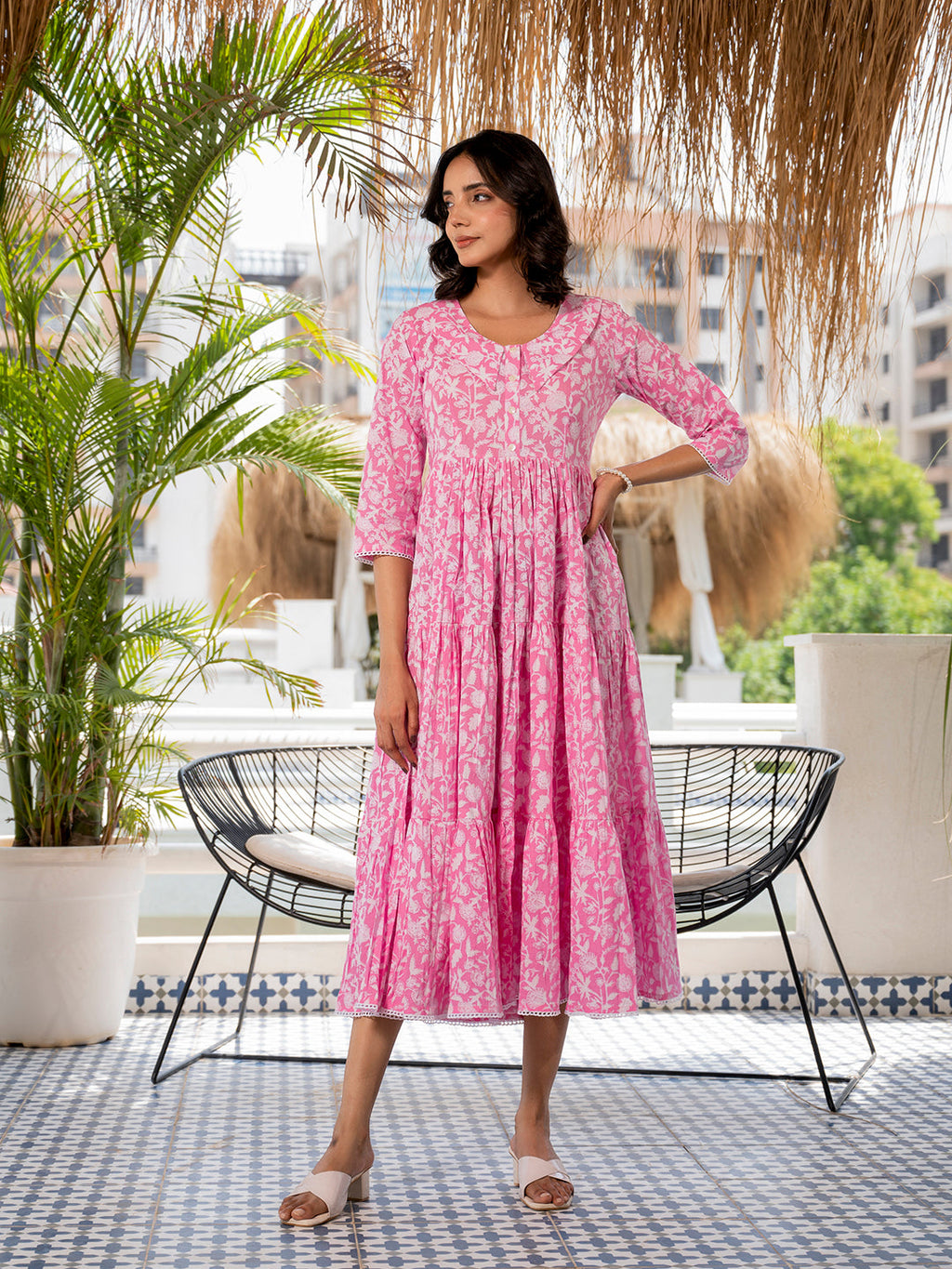 Noe Velarro Pink Floral Printed Collar Neck Calf length Cotton dress for Women